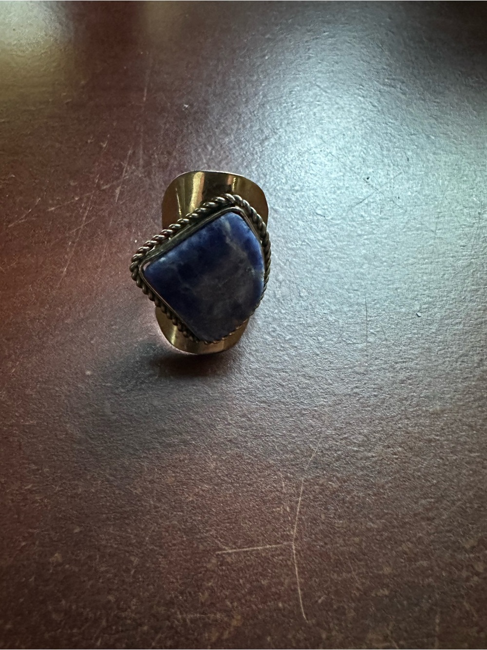 Silver-Tone Statement Ring with Triangular Blue Stone